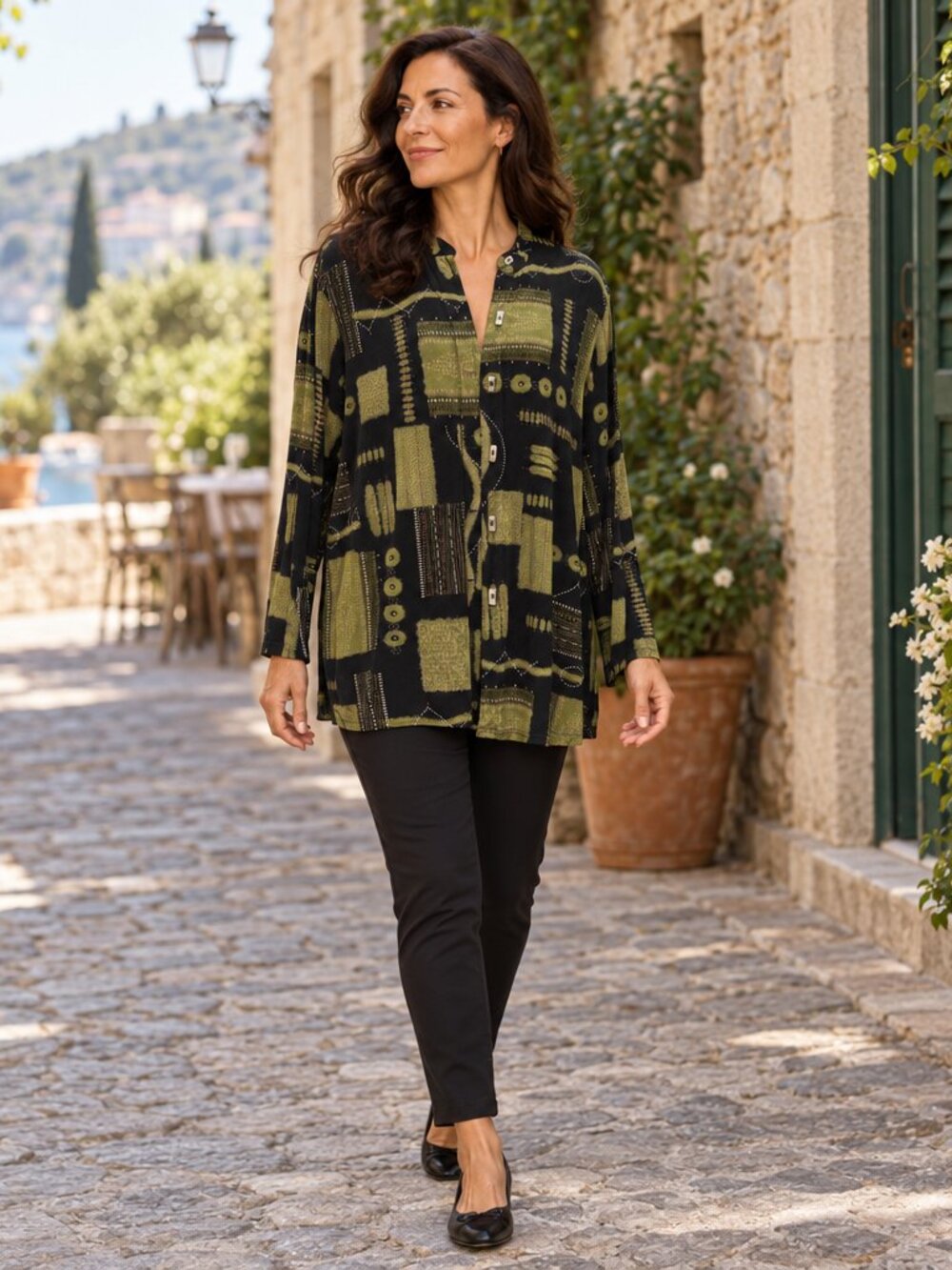 Coldwater Creek Travel XL Abstract Geometric Black Olive Cardigan